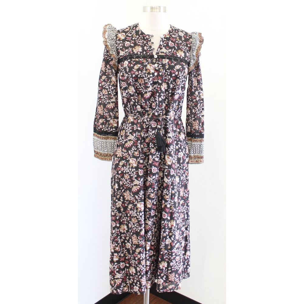 Cleobella Lotus Block Print Floral Ruffle Trim Tie Waist Midi Dress Size XS Boho